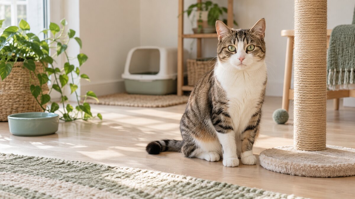 A relaxed tabby cat beside a scratching post in a bright, tidy home