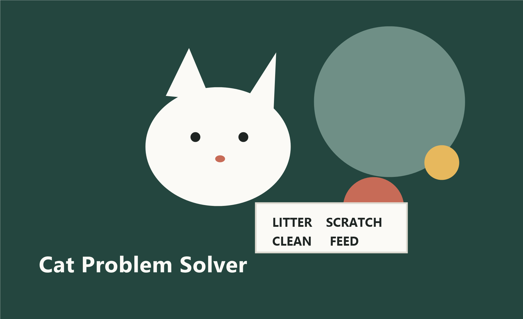 A calm indoor cat beside tidy litter, scratching, feeding, and cleaning gear